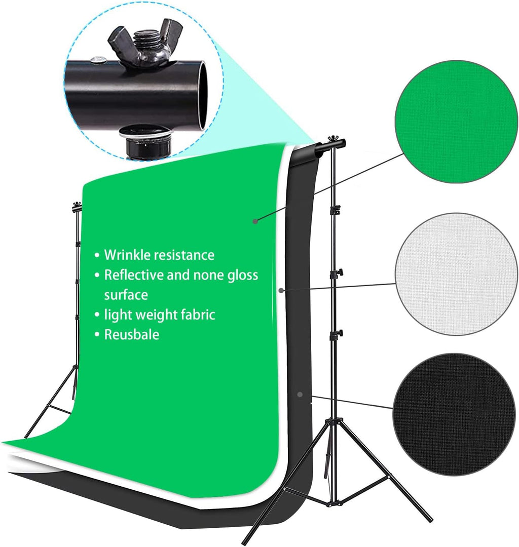 Photo Video Studio 10 X 8.5Ft Stand with Muslin Backdrop (Green/White/Black) & 85W 5500K Led Bulb & Umbrella Lighting Kit Photography Background Support System Kit,Clamp, Carry Bag