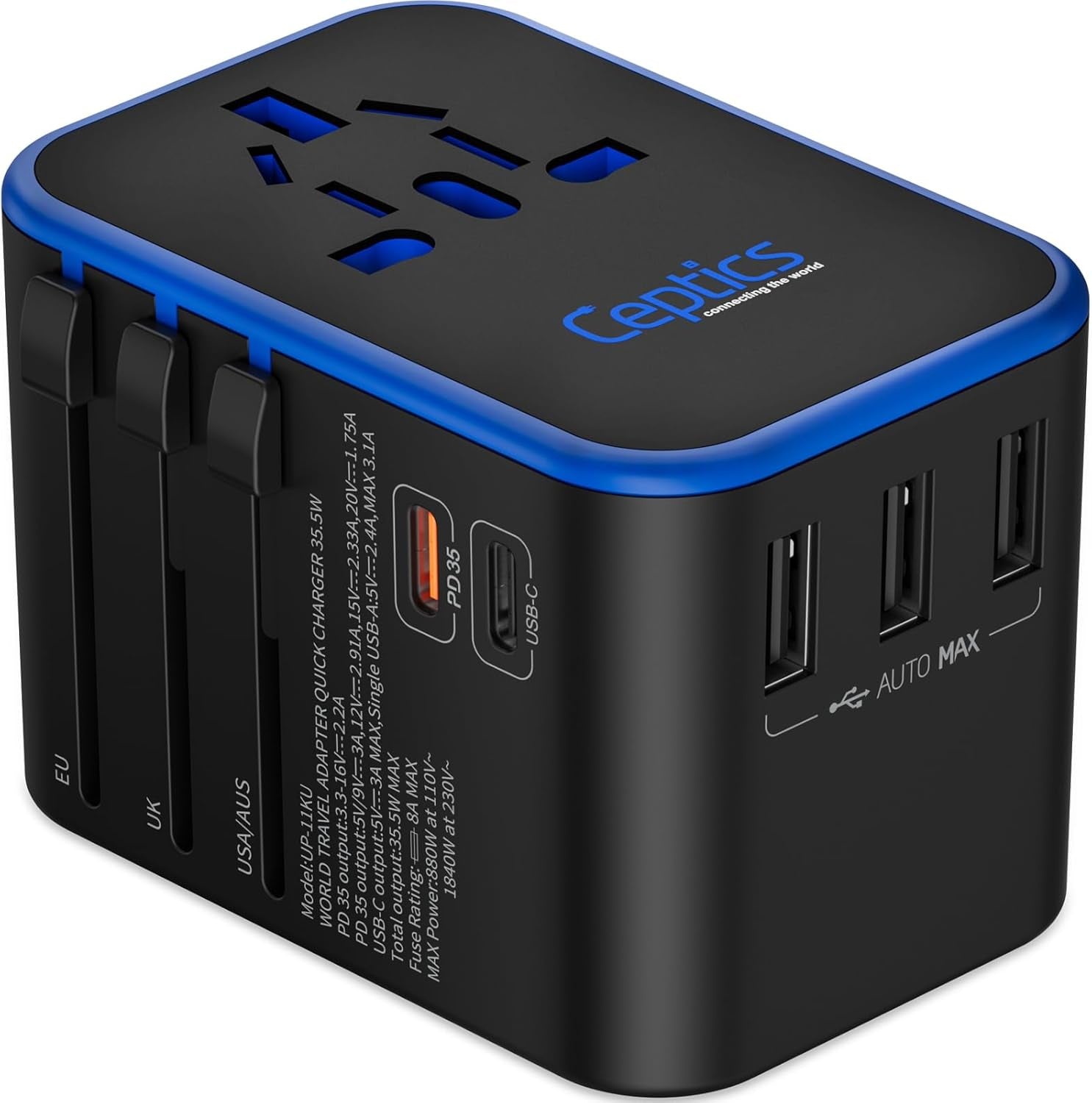 Universal Travel Adapter, 35W International Power Adapter with PD & QC 3.0 Dual USB-C, 3 USB Travel Adapter Worldwide, Type I C G a Outlets 110V 220V A/C - EU Euro US UK (11-KU)