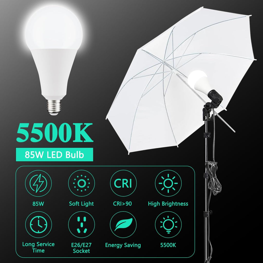 Photo Video Studio 10 X 8.5Ft Stand with Muslin Backdrop (Green/White/Black) & 85W 5500K Led Bulb & Umbrella Lighting Kit Photography Background Support System Kit,Clamp, Carry Bag