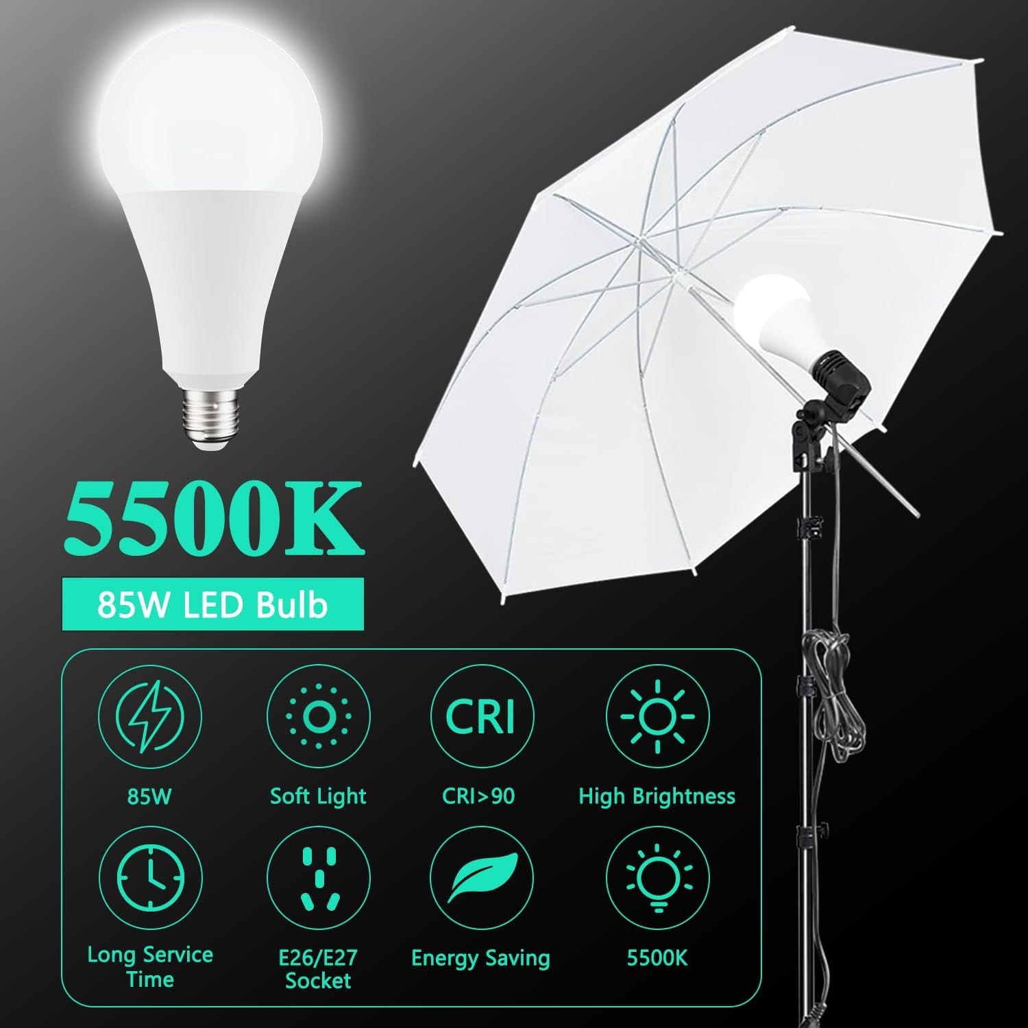 Photo Video Studio 10 X 8.5Ft Stand with Muslin Backdrop (Green/White/Black) & 85W 5500K Led Bulb & Umbrella Lighting Kit Photography Background Support System Kit,Clamp, Carry Bag