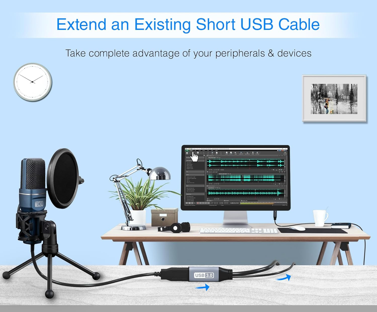 USB 3.0 Extension Cable (32FT, Active, 5 Gbps, In-Wall CL3 Rated, Type a Male to Female Cord) - Long USB Repeater Extender for VR Headset, Printer, Hard Drive, Keyboard, Mouse, Xbox